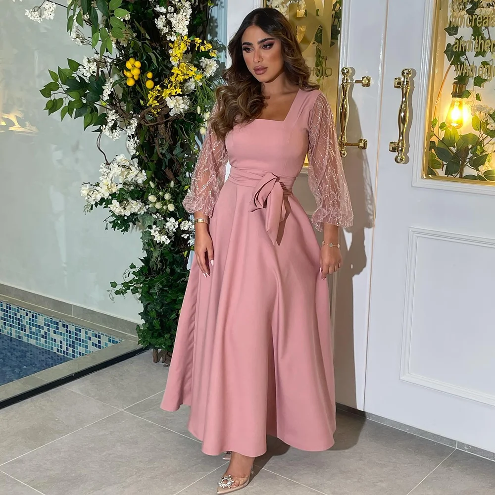 

Pink Formal Evening Dresses A Line Square Neck Elegant Wedding Guest Gowns Sequined Long Sleeves Jersey Prom Dress Customized