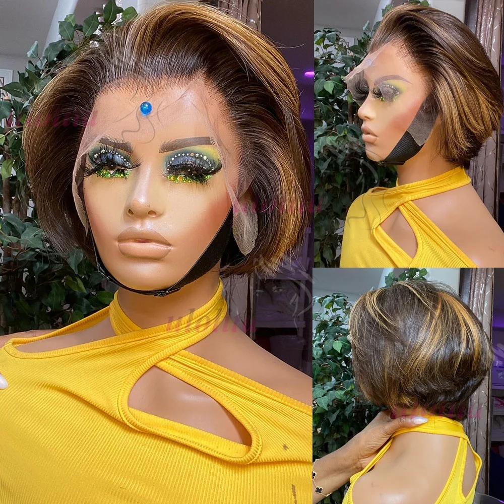 Highlight Gerade Pixie-Cut-Perücke, Kurze Bob-Perücke, Pixie-Cut-Perücke, Gerade Echthaar-Perücke, 13X4 Transparente Lace-Frontal-Perücke für Frauen – Detail 8