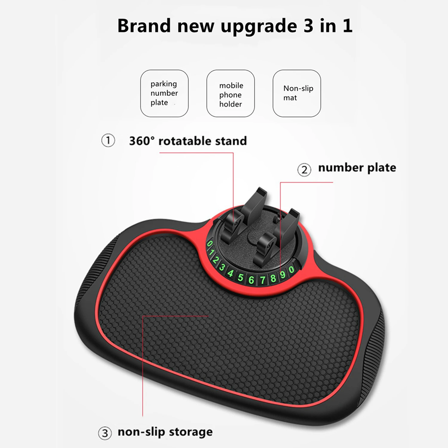 3-in-1 Car Non Slip Mat Phone Holder Dashboard 360° Rotatable Cell Stand Parking Number Plate Car Interior Storage Accessories - view 4