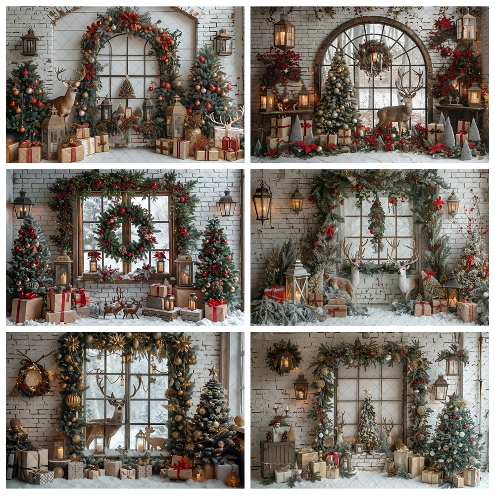 

Christmas Window Wreath Photography Backdrop Xmas Tree Elk Brick Wall Snow Scene Baby Family Portrait Photo Background Props