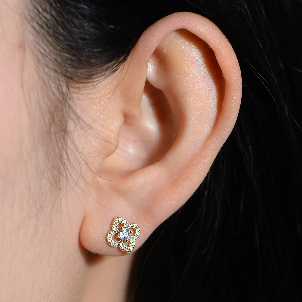 

FULSUN Minimalist Vintage Quatrefoil CZ Earrings 925 Sterling Silver 14K Gold Plated Small Studs