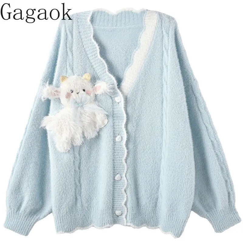 

Кардиганы Gagaok, милый милый вязаный кардиган с ягненком для девочек, осенне-зимнее пальто 2025 года, корейский модный тонкий топ с v-образным вырезом и длинными рукавами