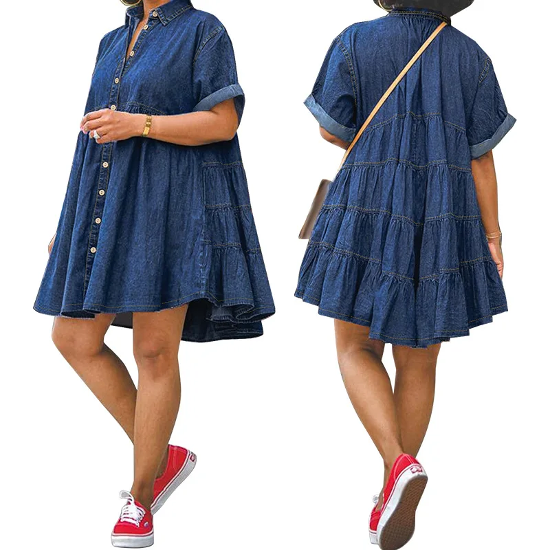 Vestidos Women's Oversized Denim Babydoll Dress Short Sleeve Tiered Mini Dress