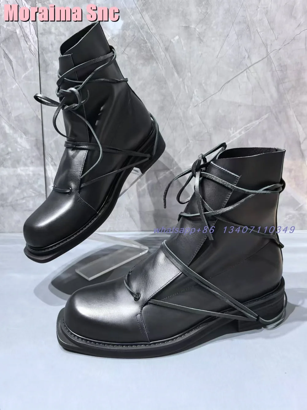 Genuine Leather Round Toe Ankle Boots Cross Strap Lace-up Hollow Block Heeled Black Solid Fashion Men's Short Boots Outdoor New