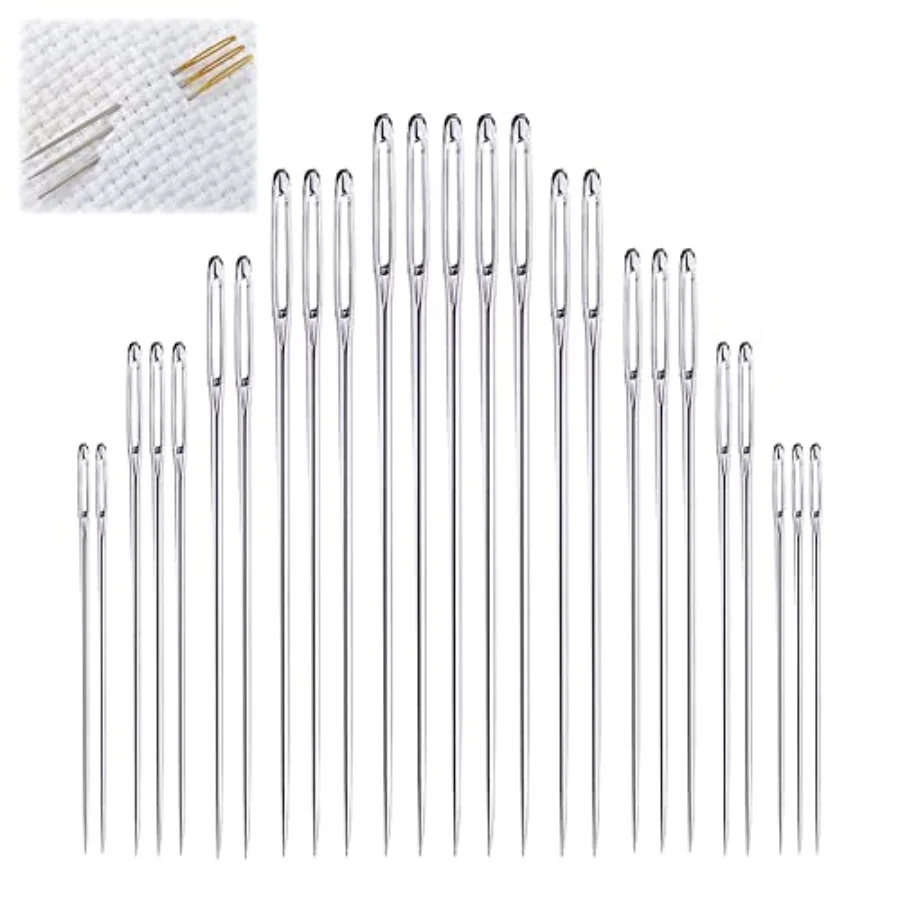 Large Eye Sewing Needles, Embroidery Needles, Stainless Steel, 25 Pieces Sharp Needles with Wooden Needle Case Carving Pattern