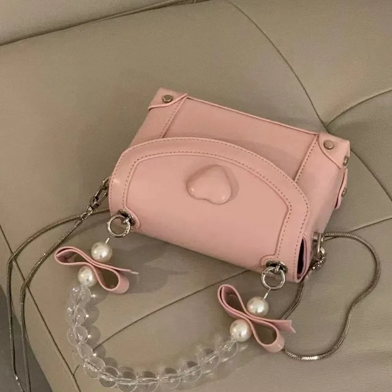 Bolso de mano con cuentas rosas, bolso cruzado cuadrado pequeño, exquisito diseño de lazo sólido, bolso Popular Coreano que combina con todo, nuevo