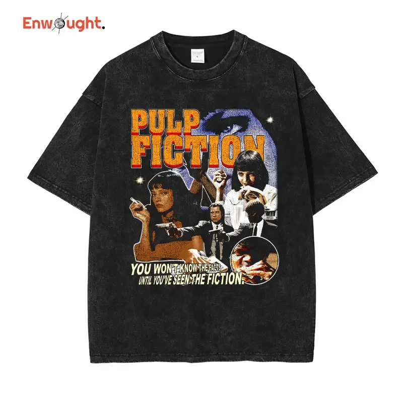 Pulp Fiction T Shirt Hip Hop Vintage Washed Movie Old School Top Tees Oversized T-shirt Short Sleeve Sweatshirts Man 100% Cotton