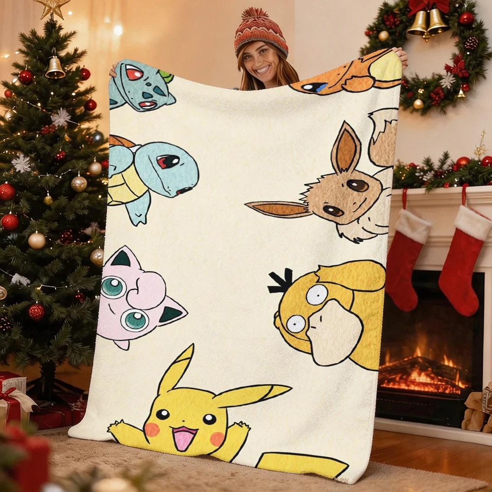 Pokemon Pikachu Eevee Squirtle Bulbasaur Jigglypuff Psyduck Flannel Throw Blanket Soft Warm Blanket for Sofa Bed Home Decor Gift