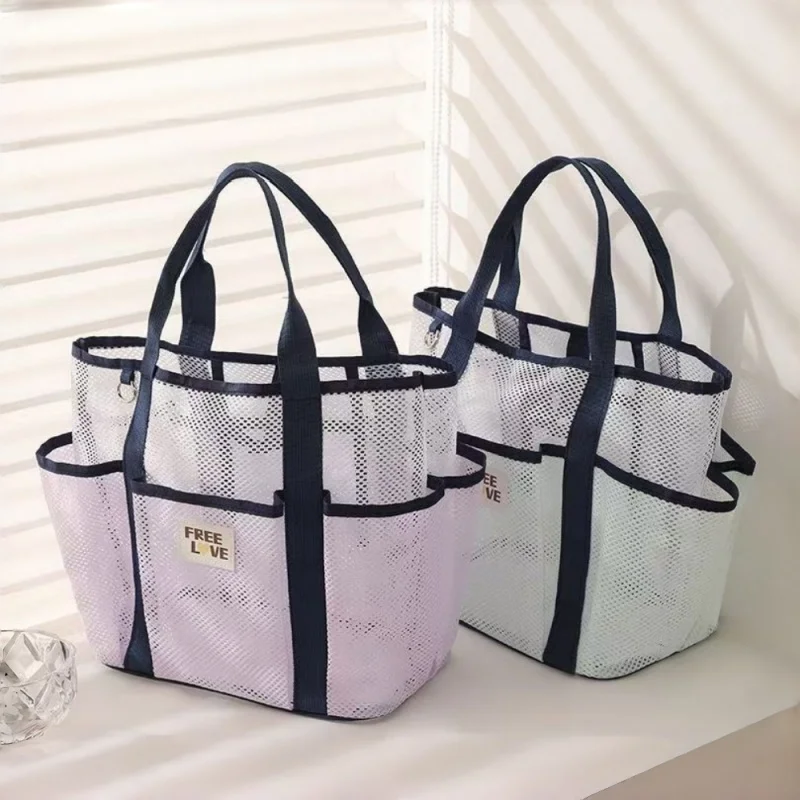 Large Capacity Mesh Beach Tote Bag with Multi Pockets Sandproof Breathable Swim Pool Bag Casual Shoulder Handbag for Women Trave