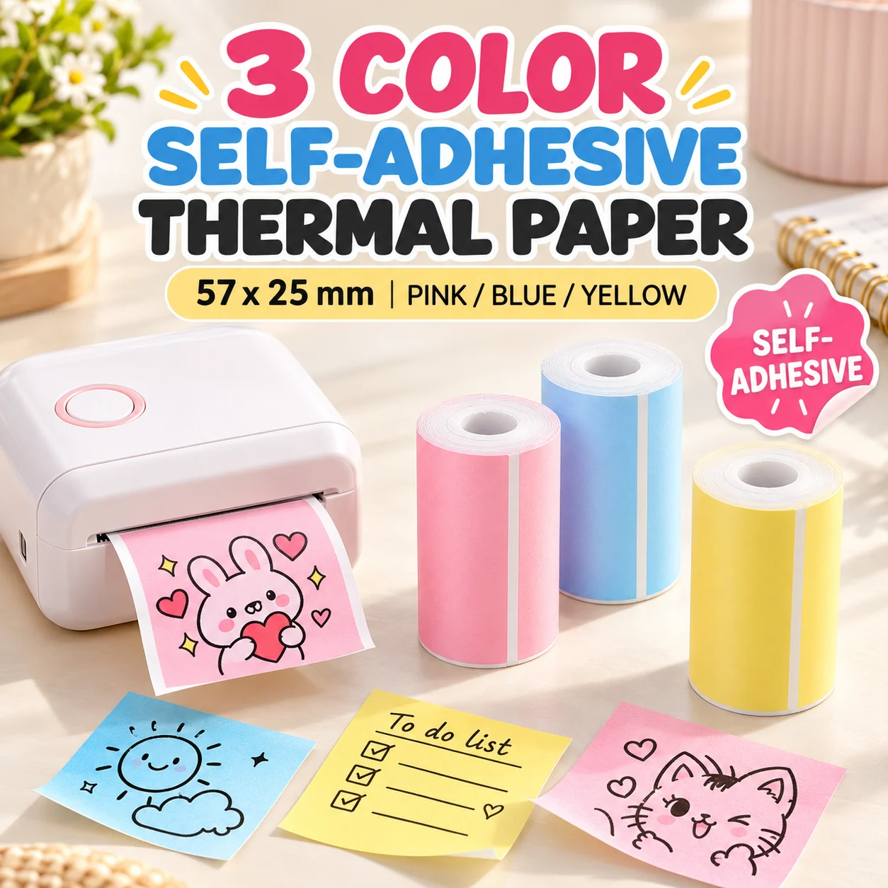 57x25mm Colorful Thermal Sticker Paper Roll Self Adhesive Compatible for Instant Print Mini Camera Craft Gift Tag