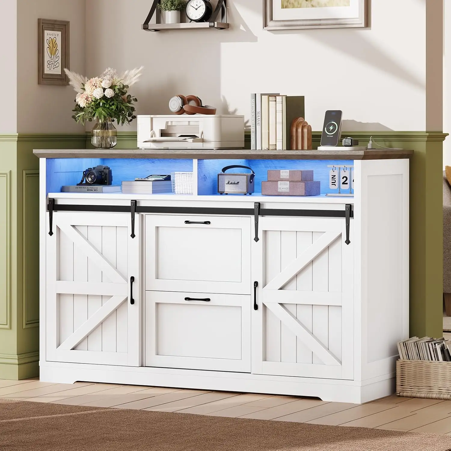 2-Drawer Filing Cabinet, Legal/Letter/A4, Farmhouse Barn Door, Power Outlet, Printer Stand, LED Light, White+Grey, Customized