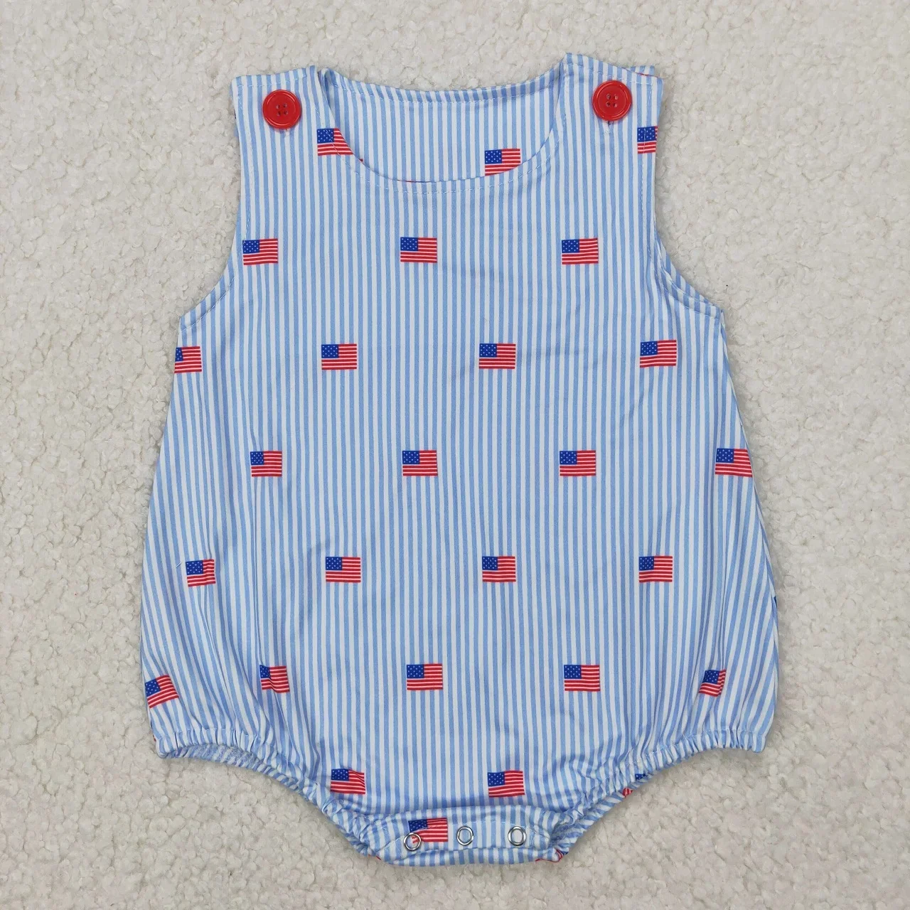 Venta al por mayor, ropa sin mangas a rayas azules para niños pequeños, pelele de burbujas para bebés recién nacidos, banderas del 4 de julio