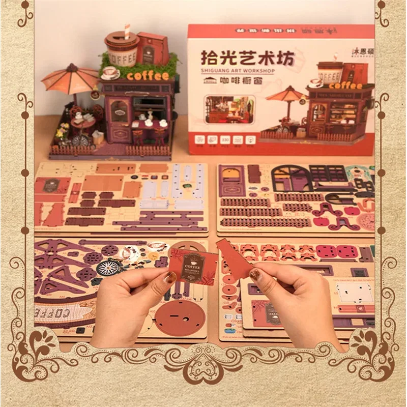 

OUZEY DIY Wooden Coffee Store Villa Miniature Model Kits Furniture LED Lights Dollhouse Big Villa Birthday Gifts for Friends