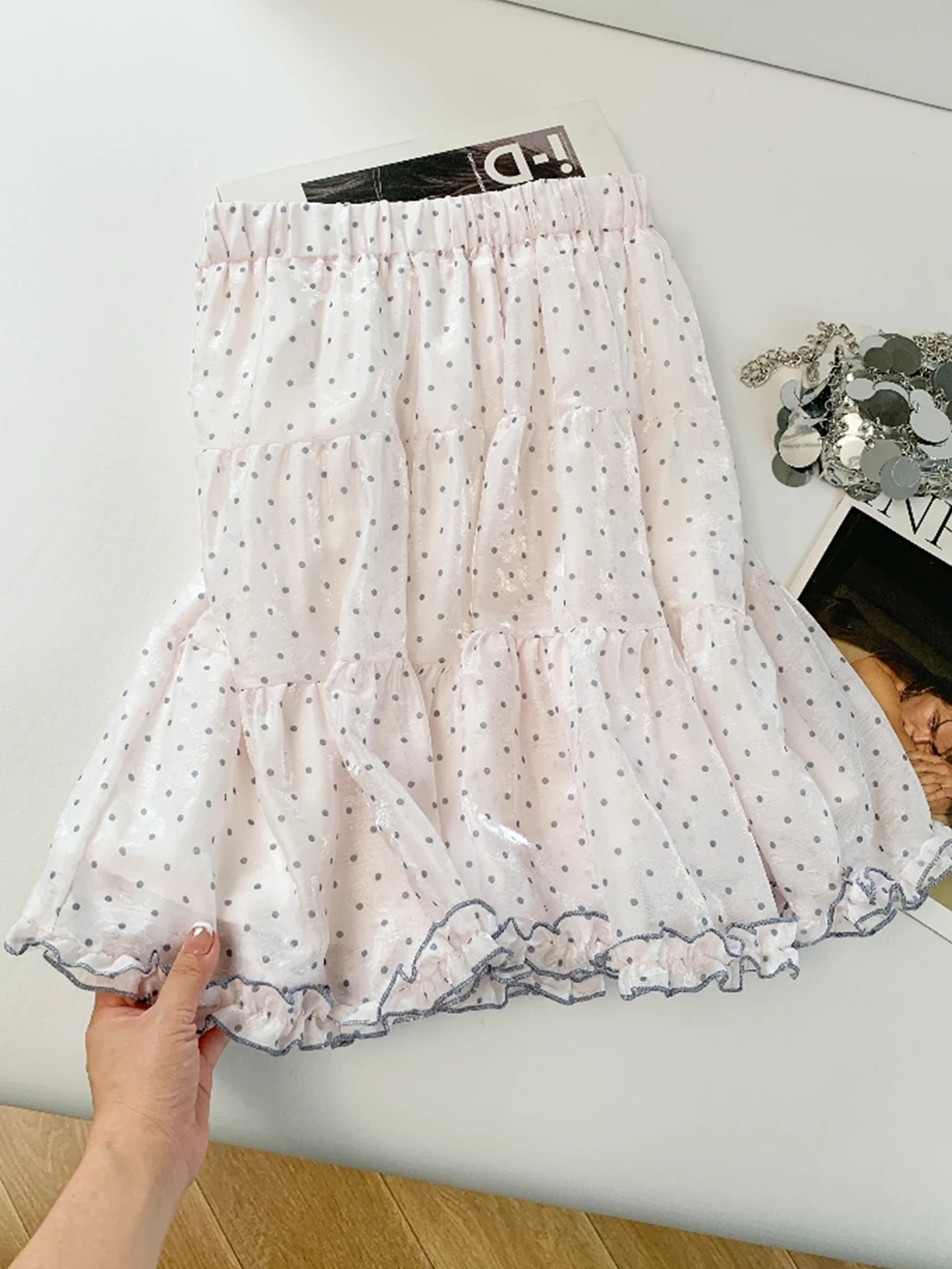 夏用ハイウエストaラインスカート-レディース-ガーゼケーキスカート-木目調フリルデザイン-グラス生地-バレエスタイル