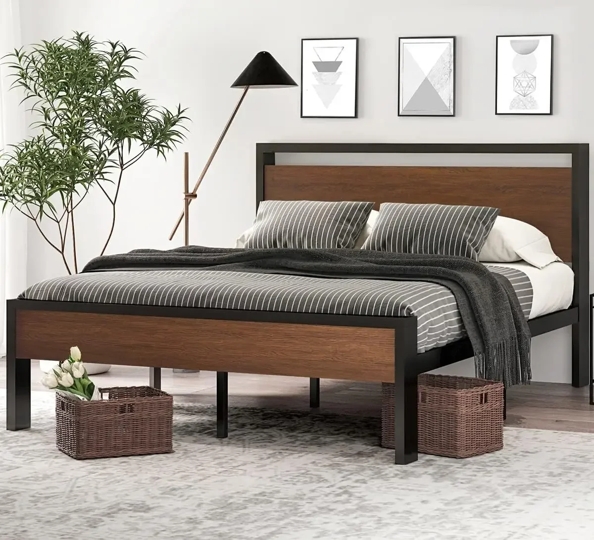 Wooden Headboard and Footboard, Mattress Foundation, No Box Spring Needed, Large Under Bed Storage