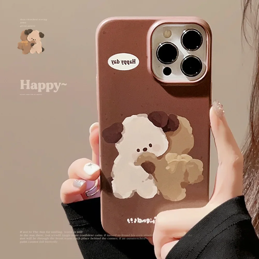 Ins Style Cute Embrace Puppy Phone Case for iPhone 16 15 14 13 12 11 Pro Max XS XR XSMax 6 7 8 Plus Glossy HD Hard PC Cover