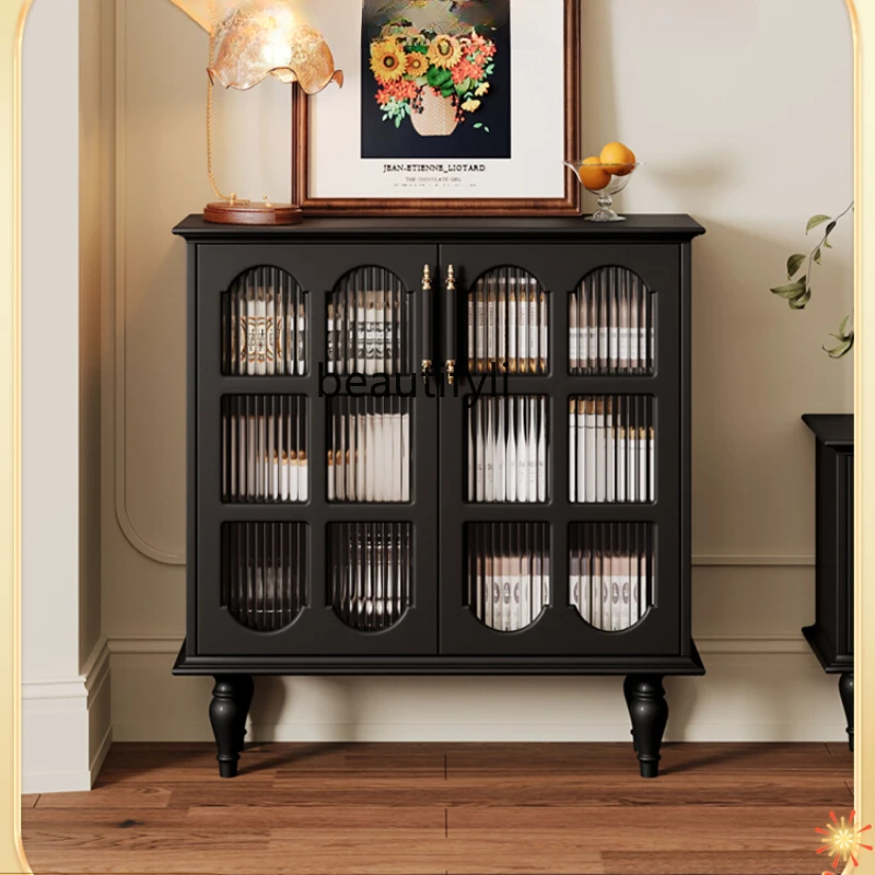 

American Style Sideboard Cabinet Solid Wood Dining Room Locker Living Room Ultra-Thin Retro Black Storage Cabinet