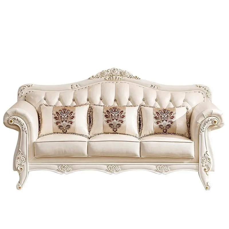 

European leather sofa combination small apartment living room fully equipped with solid wood light luxury first-layer cowhid