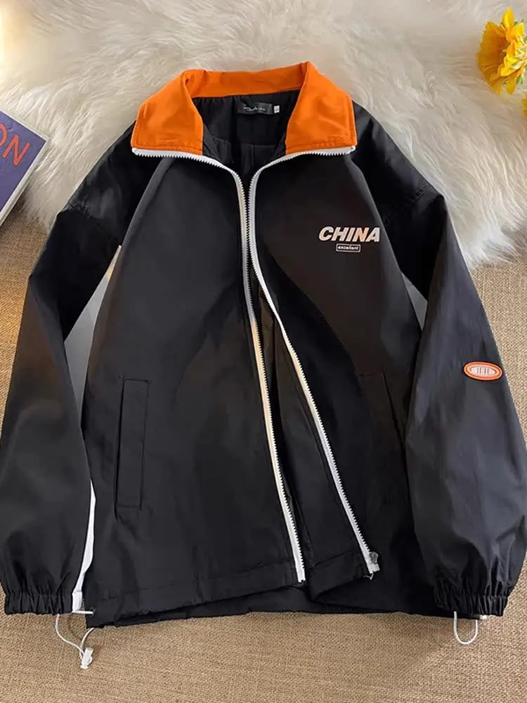 

Подростковая демисезонная куртка оверсайз с контрастным воротником, мужская рабочая куртка, парная модель, в американском стиле, на молнии, с длинными рукавами