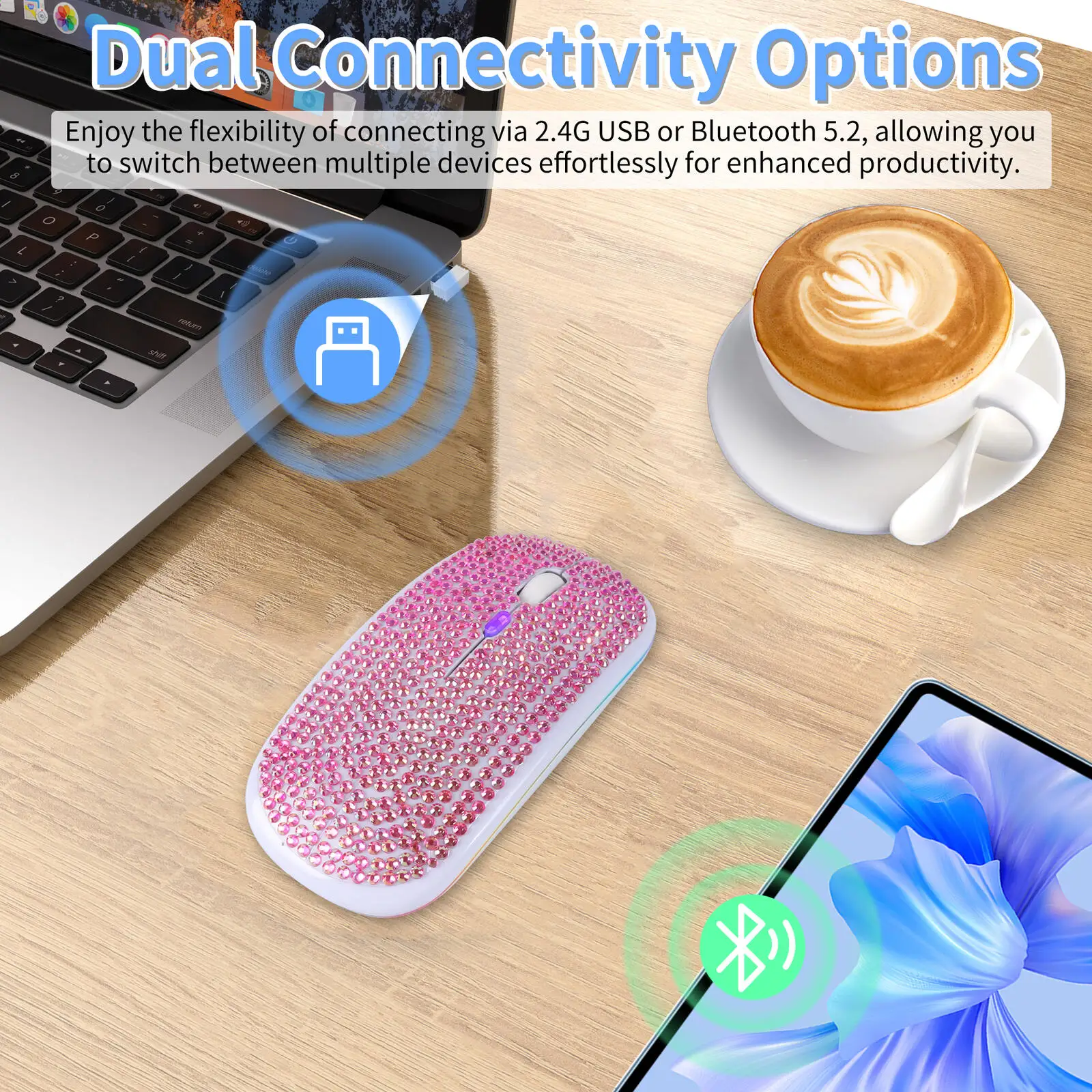 Crystal Rhinestone Wireless Mouse 2.4G+Bluetooth Dual Mode Ergonomic Rechargeable Silent Click 7-Color LED Mice For PC Laptop