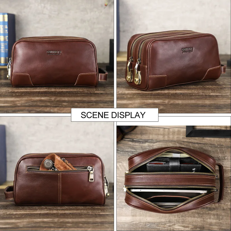 Black Angel cowhide Leather High-end Password Lock Men's Double Zipper Clutch Bag Multi-functional Men's Grooming and Storage Ba