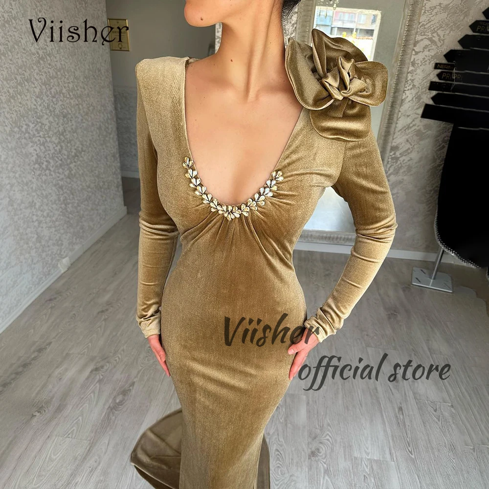 

Yellow Velvet Mermaid Evening Dresses Long Sleeve Beaded V Neck Prom Dress with Flower Sexy Bodycon Formal Party Dress