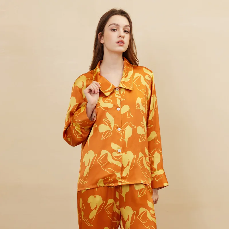 Comfortable 100% Mulberry Silk Button-Down Pj Set Orange Print Long Sleeves Pants Silk Pajamas Set Fashion Pajama Suit Sleepwear