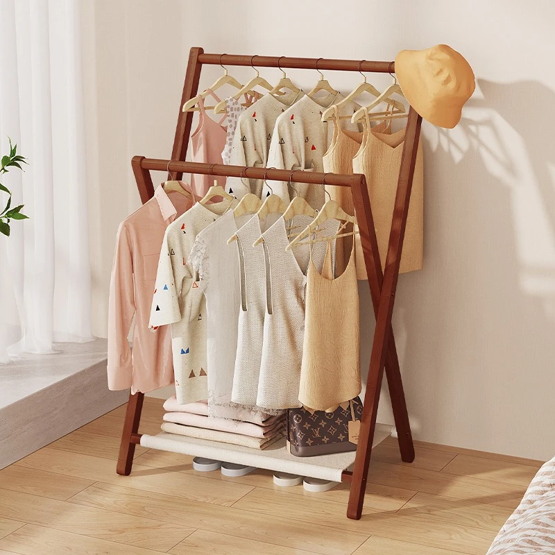 New Folding Clothes Rack Bedroom Bedside Double Pole Drying Household Space Saving Simple Clothes Sorting and Storage Coat Racks