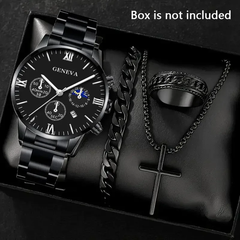 Fashion Roman Scale Quartz Wristwatch 4pcs Set Men Business Watch Fake Three Eyes Calendar Cross Necklace Bracelet Ring Set