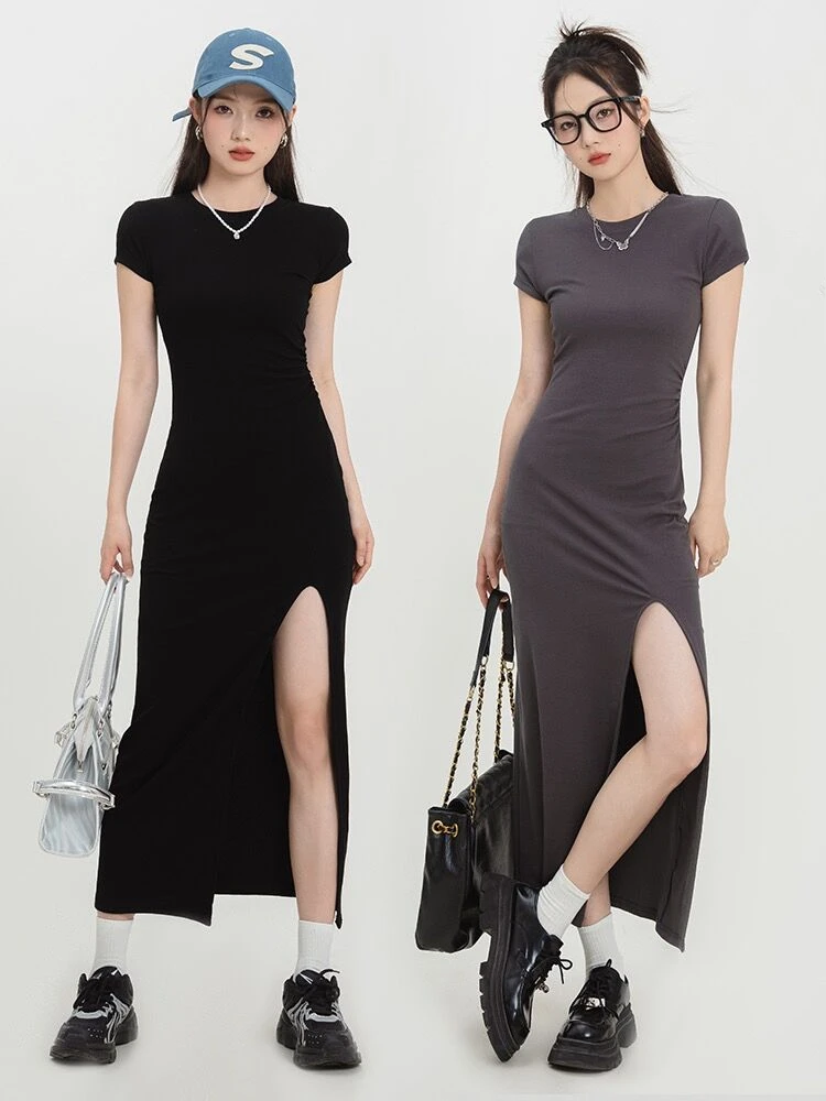

Summer New Women Knitting Cotton O-Neck Long Dress Sexy High Split Fashion Streetwear Sheathy Solid Short Sleeves Vestidos