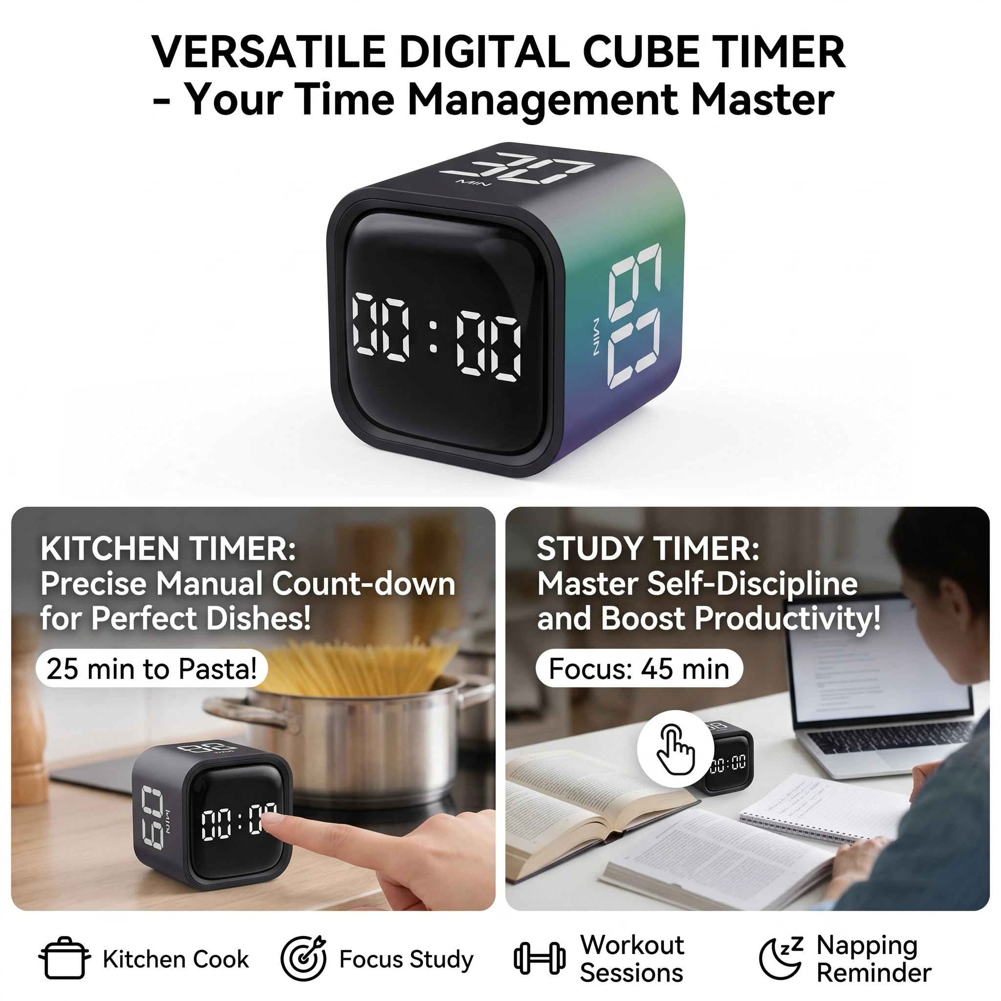 Produktivitätswürfel-Timer, Schwerkraftsensor, umdrehbare LED-Anzeige, 4 voreingestellte Zeit, Dual-Modi, Countdown, Kochstudie, Mini-Digital-Timer