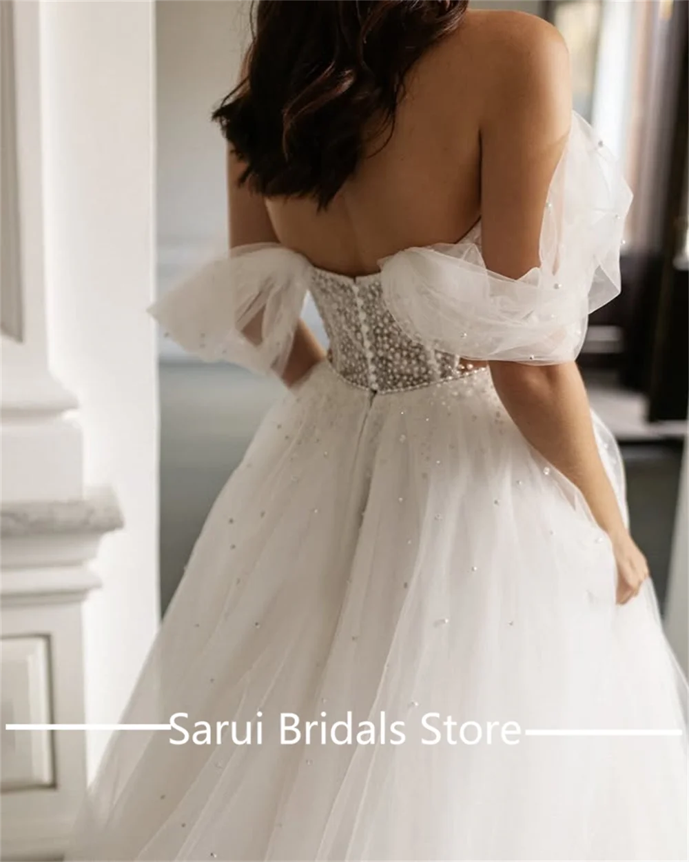 Modest Off the Shoulder Tulle A-line Women's Shiny Wedding Dress Backless A-line Wedding Gown with Pearls Sweep Trian Customized