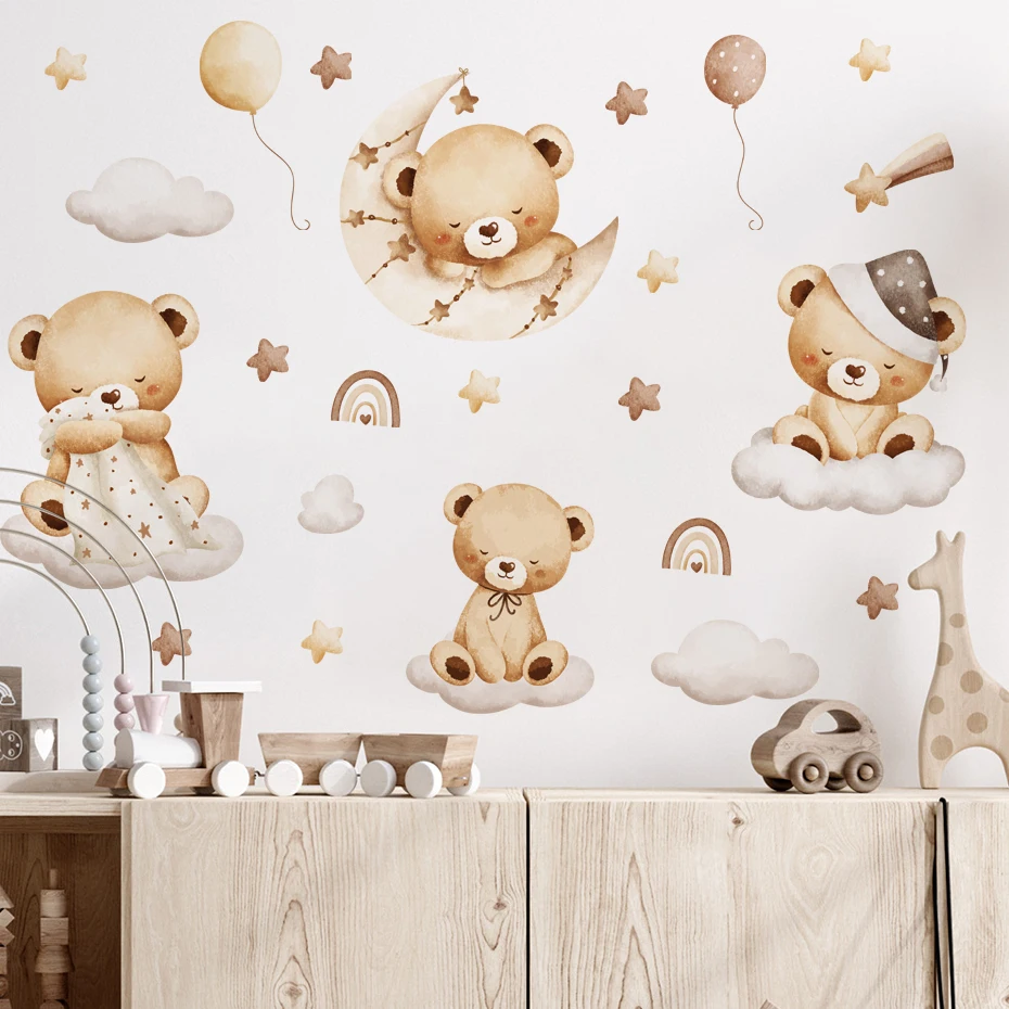 

Cartoon Bear Sleeping Stars Cloud Moon Watercolor Wall Sticker Child Nursery Kindergarten Art Decal Kids Room Bedroom Home Decor
