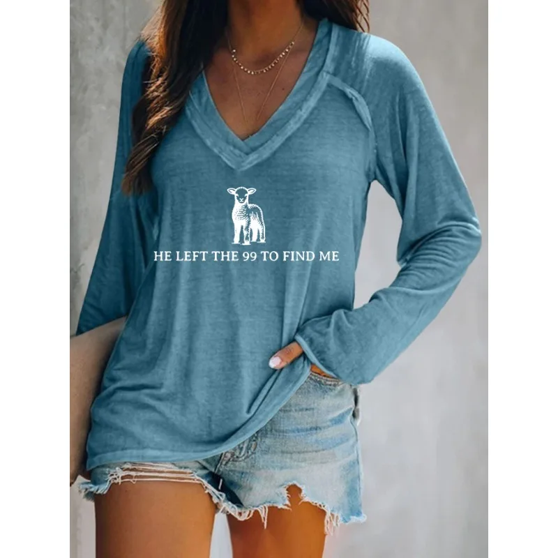 Women's Faith Print Long Sleeve V Neck T-Shirt Religious Graphic Daily Top
