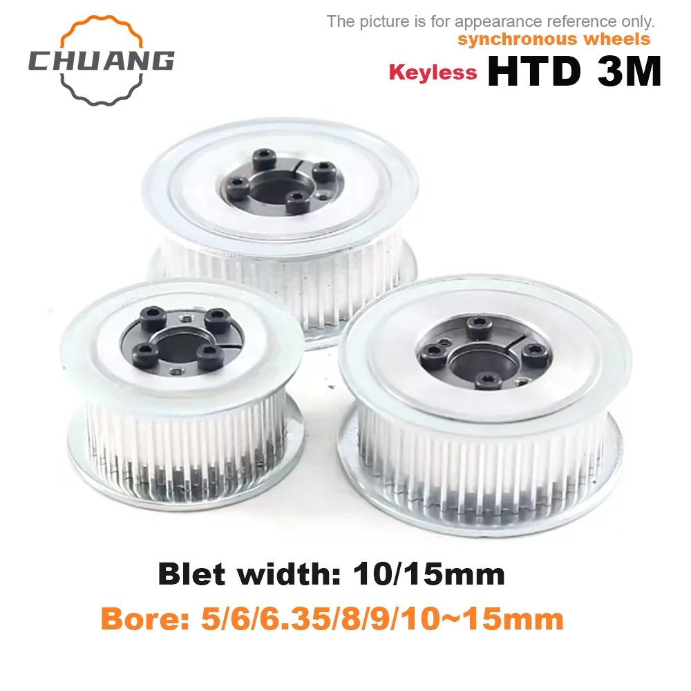 

HTD 3M Timing Pulley Keyless Bushing 36T/38T/40T/42T/44T/45T/46Teeth Bore 5/6/6.35/8/9/10~15mm for Belt Width 10/15mm