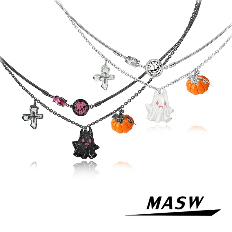 MASW Original Design Cute Jewelry Two Layer Lovely Pumpkin Charm Chain Necklace For Women Girl Halloween Gift Accessories