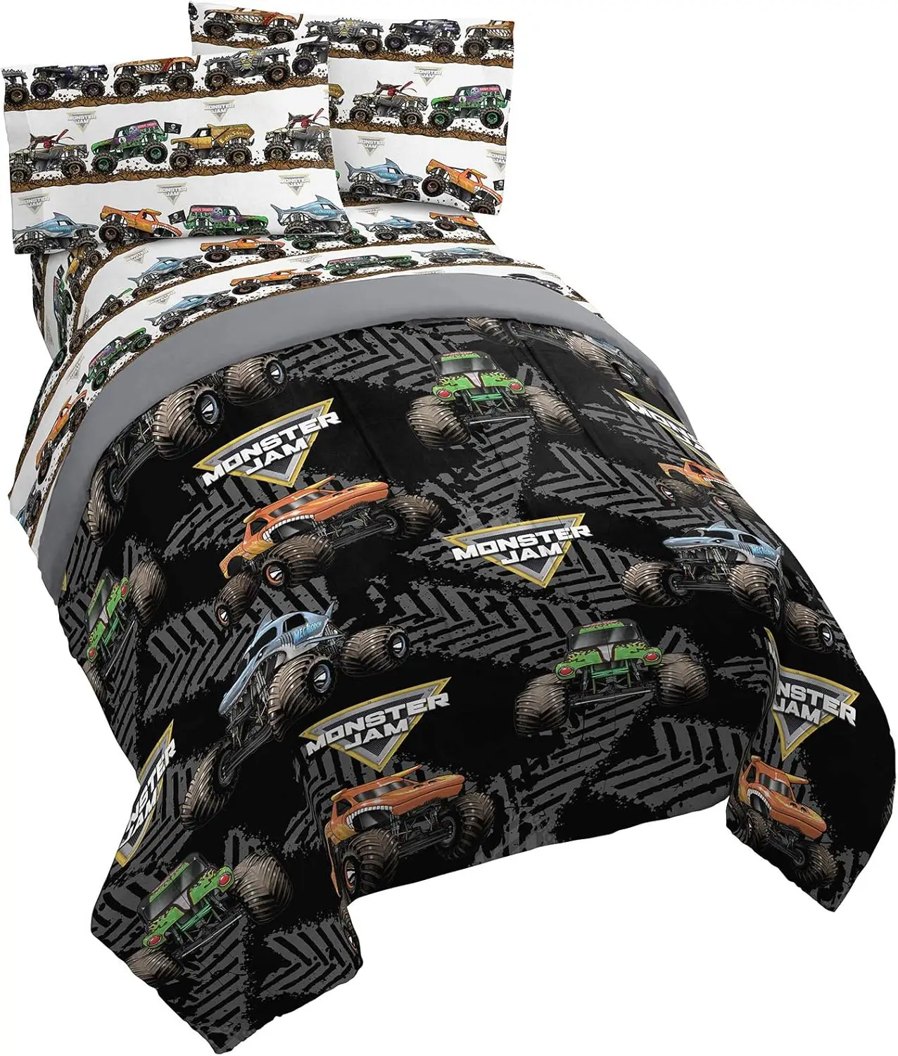 

Monster Jam Tracks 5 Piece Full Bed Set - Includes Comforter & Sheet Set - Bedding Features Grave Digger &,Megalodon