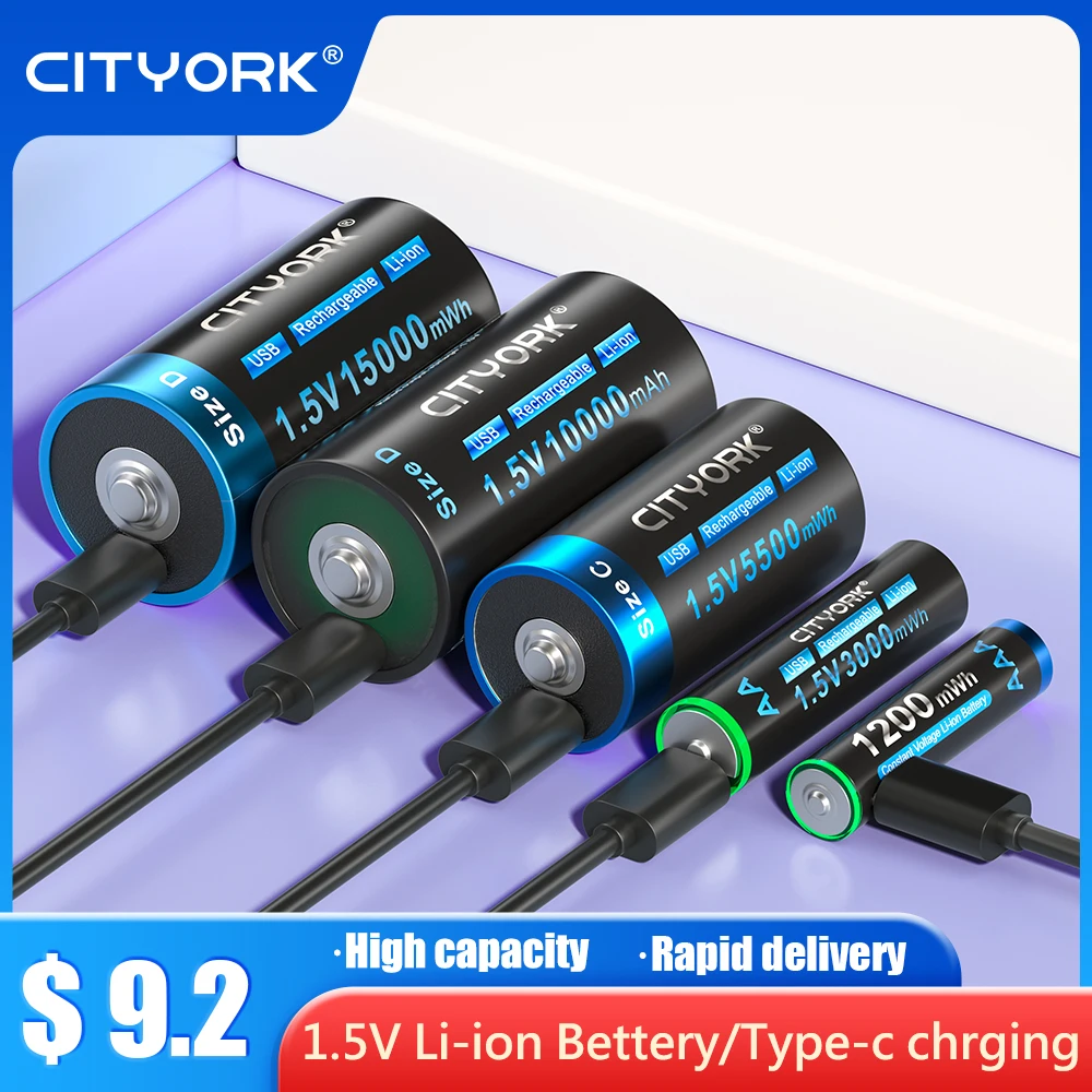 CITYORK 2-4pcs 1.5V Li-ion USB Rechargeable Battery AA AAA C D Size Lithium Battery Type-C Charging for Mouse Heater Gas Stove