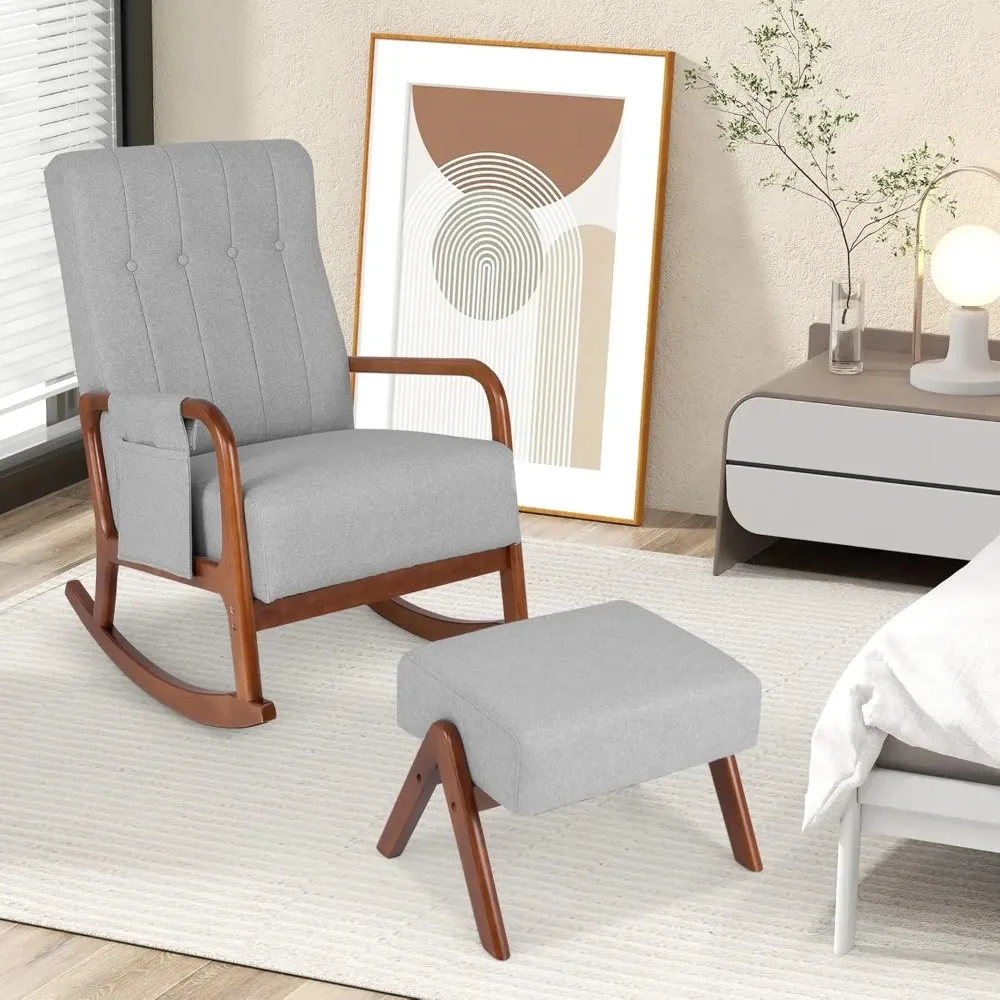

Rocking Chair with Ottoman, Upholstered Rocker Chair w/Solid Rubber Wood Frame, Side Pocket, Linen Nursery Chair w/Footr