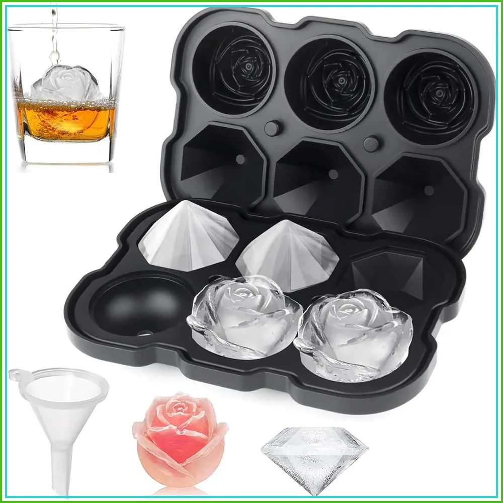 Moldes de silicona para cubitos de hielo de 2 pulgadas con forma de rosa y diamante, con tapas, 3+3 cavidades, para cócteles, whisky, zumos, fácil desmolde