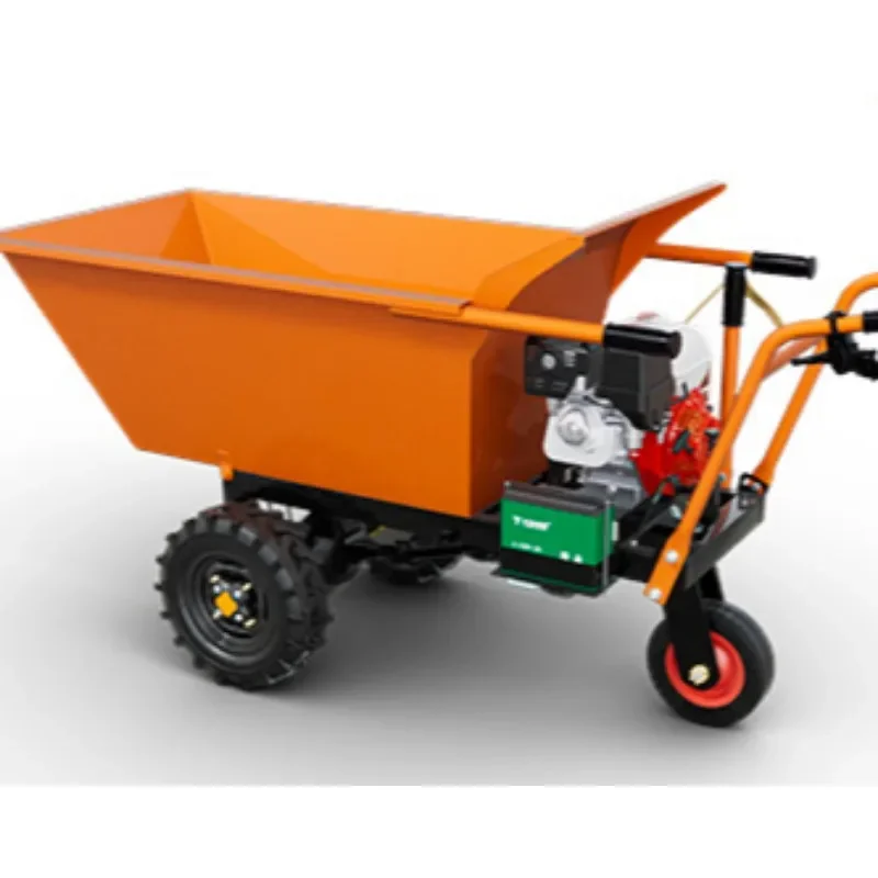 Electric 3 wheeled hand pushed flatbed transporter for loading and unloading goods on construction sites