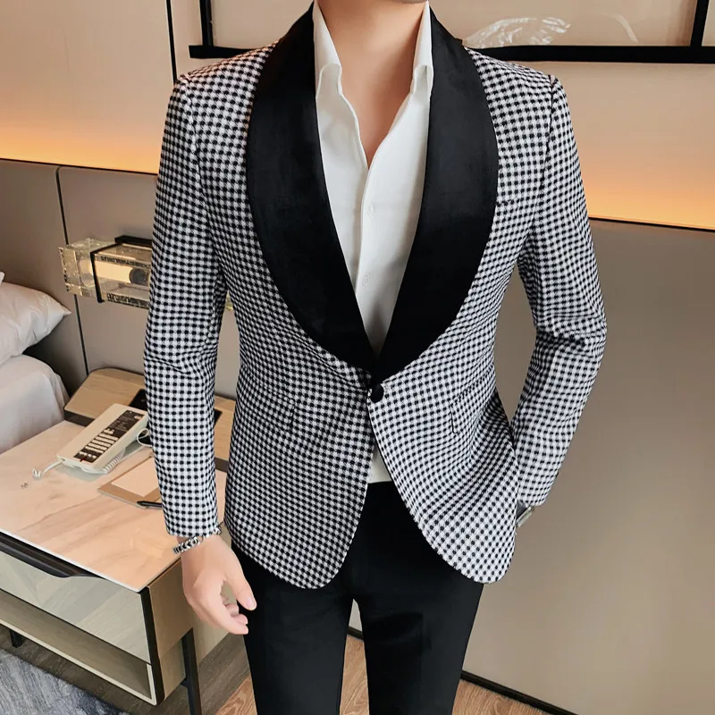 

British Style Men Casual Blazer British Style Business Slim Fit Plaid Suit Coat Male Formal Single Buckle Suit Jacket 4XL