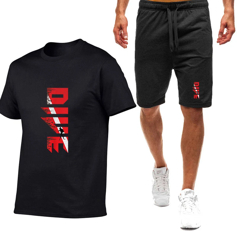 

2025 Scuba Diving Diver Down Flag Print Man's New Styl Nine Color Short Sleeved Suit Summer Casual T-Shirt + Shorts 2-piece Set
