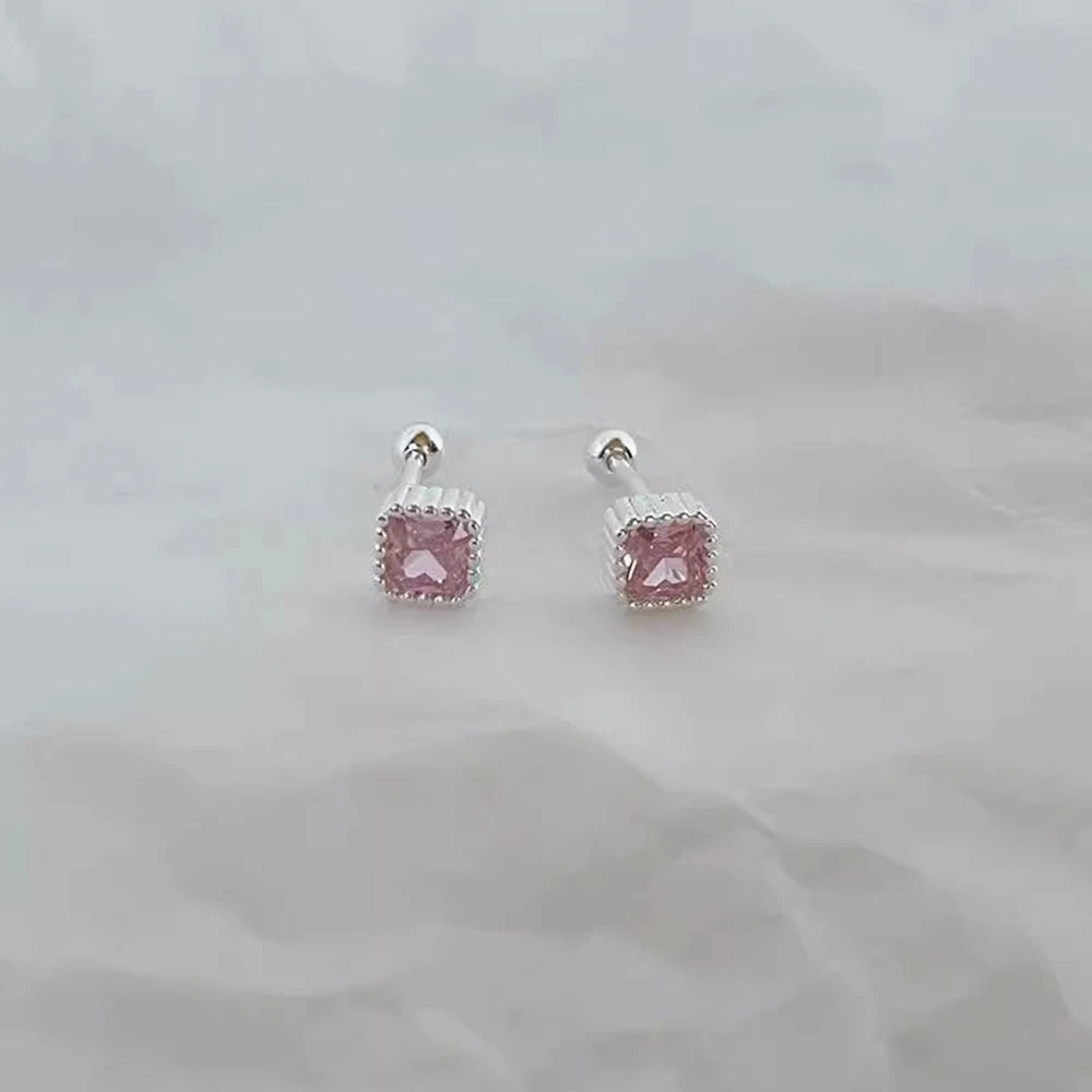 925 Silver Needle Zircon Square Bead Screw Mini Stud Earrings For Women Classic Fine Jewelry Exquisite Accessories