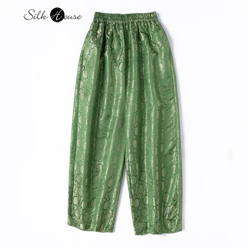 

30MM Heavyweight Woven Gold Natural Mulberry Silk Jacquard Satin Elastic Waist Women's Loose Casual Harem Pants