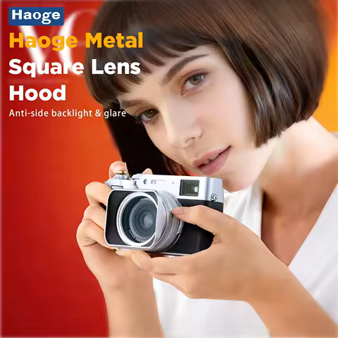 Haoge Square Metal Lens Hood for Fujifilm X100VI Fuji X100V X100F X100T with 49mm UV Filter Adapter Ring &amp; Metal Cap Silver