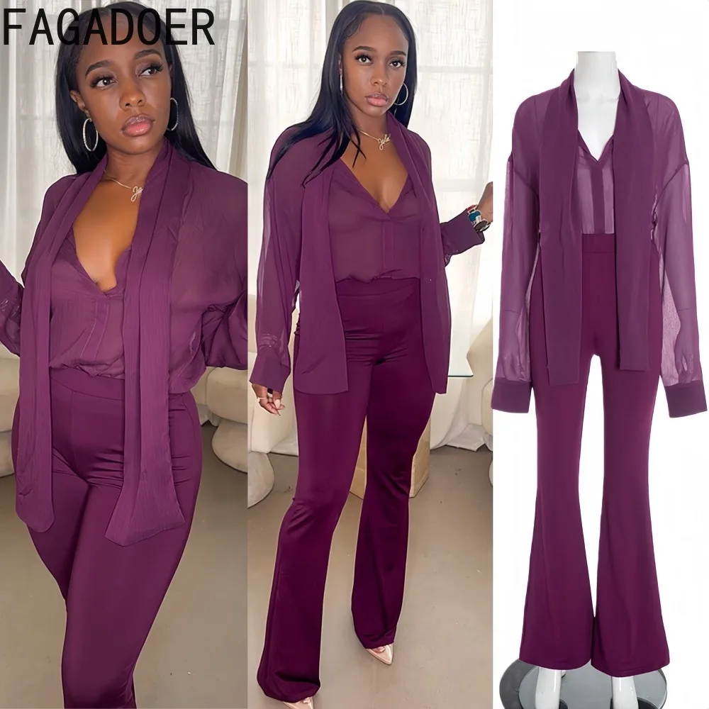 

FAGADOER Sexy Mesh Tassel Patchwork Woman 2 Piece Set Outfit Solid Color Long Sleeves Crop Top and Flare Pants Female Streetwear