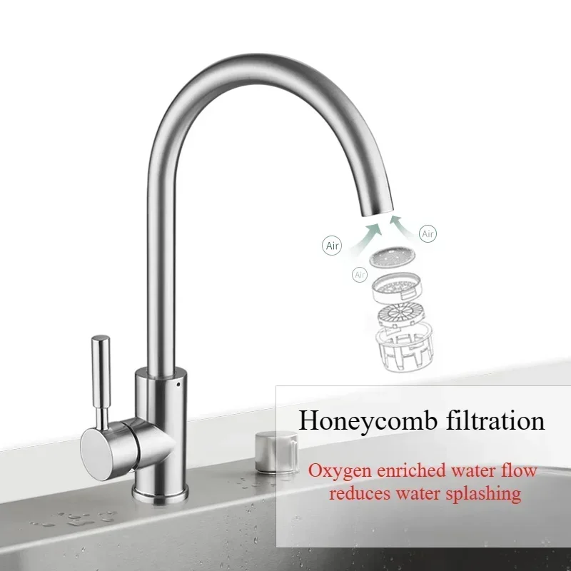 304 Stainless Steel 360° Swivel Single Cold Faucet Brushed 304 Stainless Steel Tap for Kitchen Sink Balcony Laundry