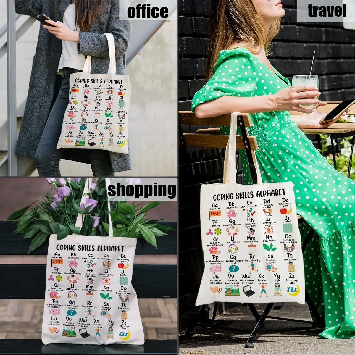 Wellness Coping Skills Alphabet Canvas Tote Bag Stress Management Print Portable Shoulder Bag For Therapy Workers