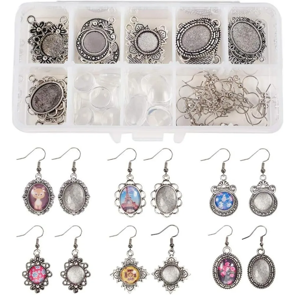 1 Box DIY 12 Pairs Oval Round Cabochon Earrings Making Starter Kits Dangle Tray Earring Settings 12mm 13x18mm Clear Glass Dome